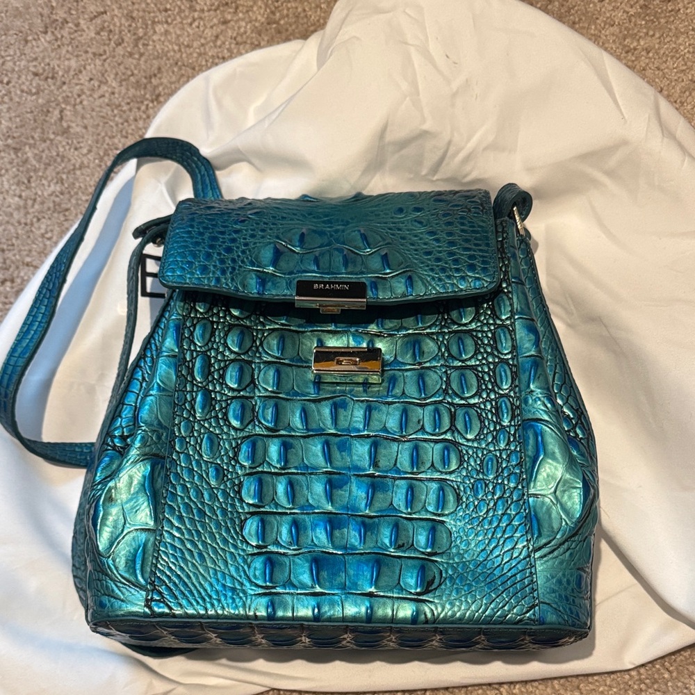 Brahmin Turquoise Embossed Leather Backpack